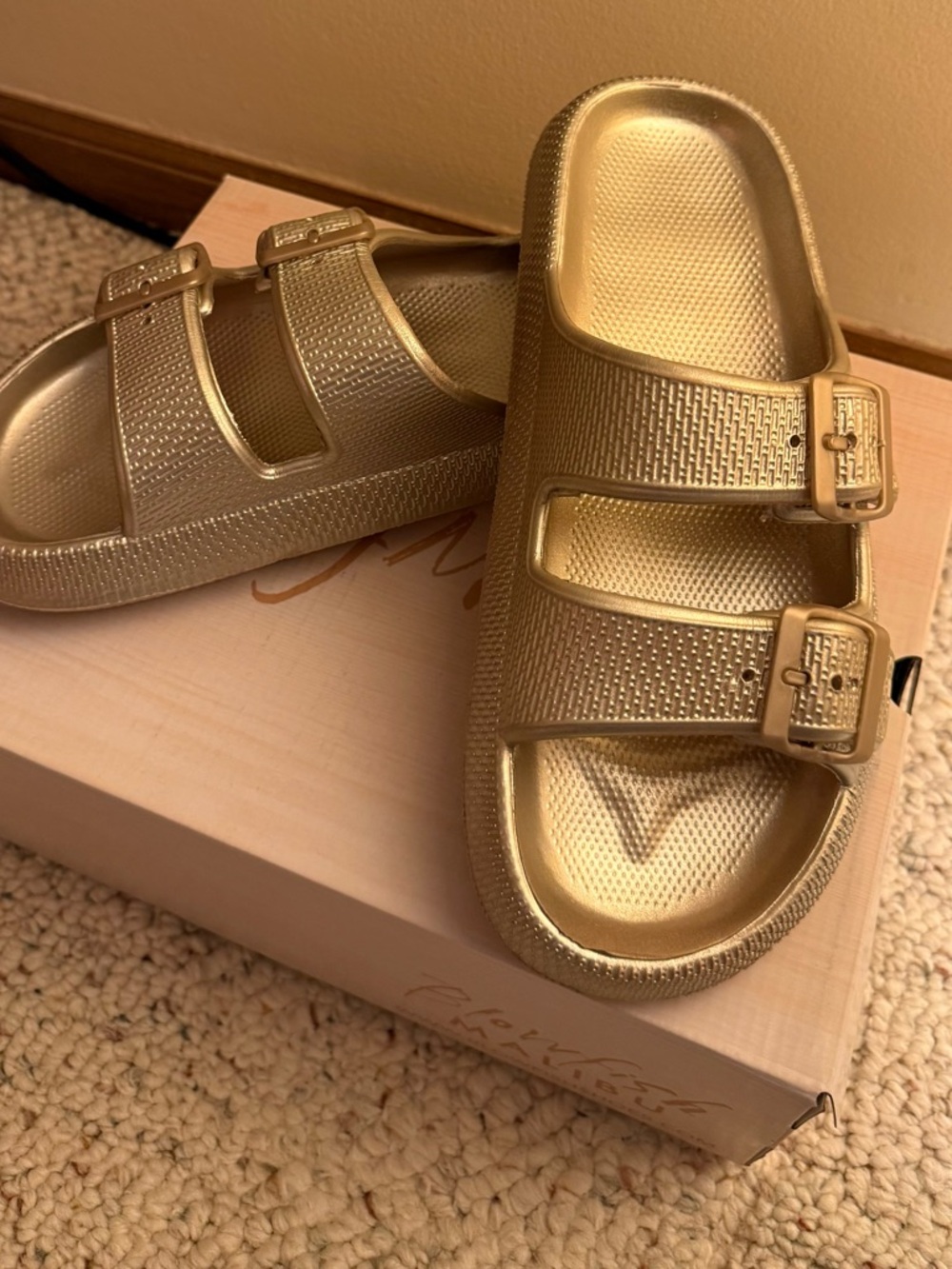 Gold Double-Buckle Slide Sandals, 7/8